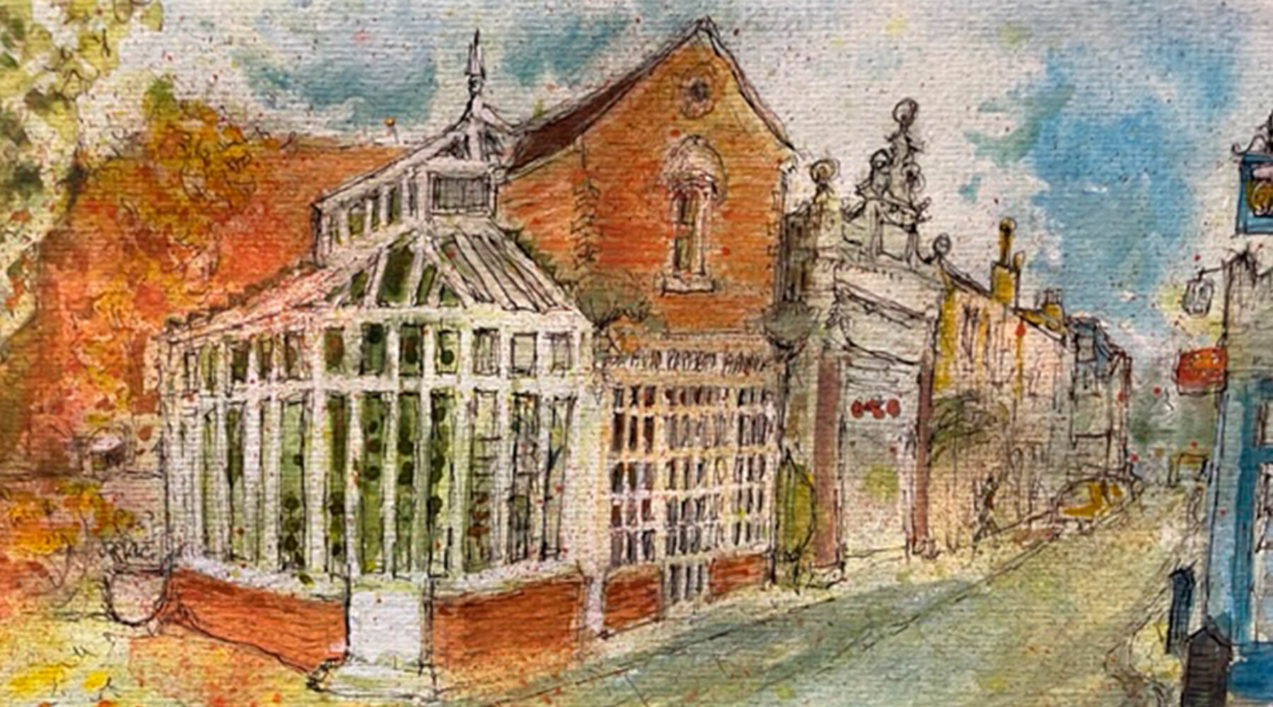 Artistic watercolour painting showing the North Parade Salon when it opened
